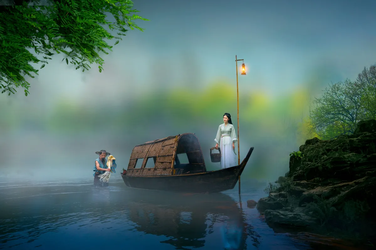 湖心雾渔